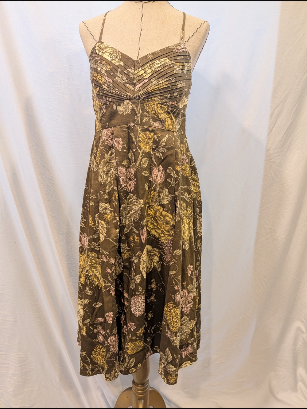 Grace Elements brown Floral Ruched Midi Dress Cross back spaghetti Pink Yellow